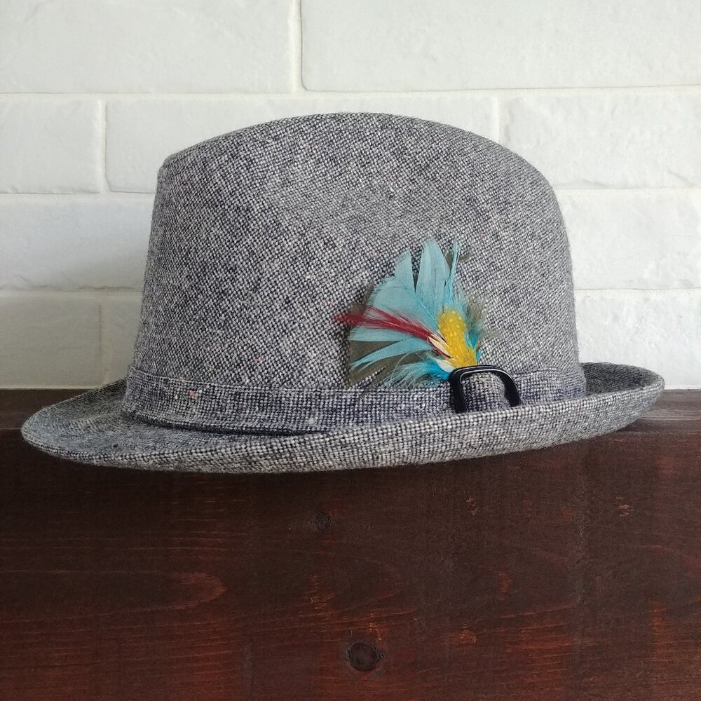 Vintage Lancer Parktown Canada wool tweed trilby hat 7 1/2 with feather grey